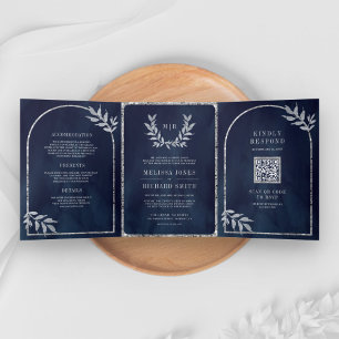Silberner Lorbeerkranz Blätter Navy Blau Hochzeit Dreifach Gefaltete Einladung