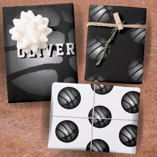 Silberner Metall Basketball Kids Name Geburtstag Geschenkpapier Set