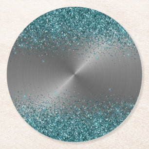 Silberner Metall-Look Glitter Teal Rund Metallic Runder Pappuntersetzer