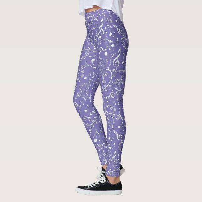 Silberner Musiknoten mit Blumen auf lila Leggings (Links)