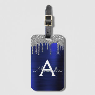 Silberner Navy Blau Glitter Glanz Monogramm Name Gepäckanhänger