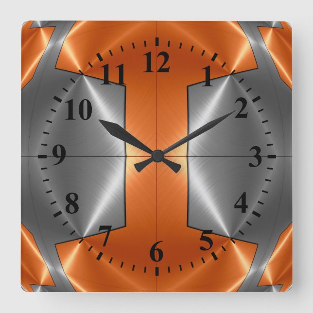 Silberner orange Edelstahl-Metallblick Quadratische Wanduhr (Vorderseite)