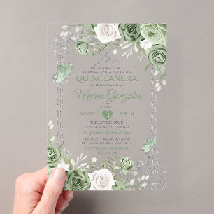 Silberner Quinceañera Salbeigrüner Kronenschmetter Acryleinladungen