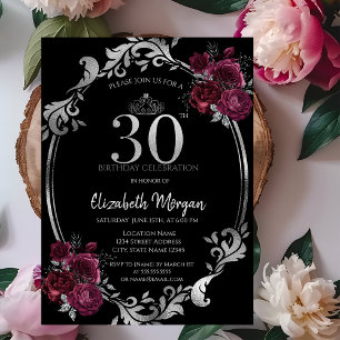 Silberner Rahmen Burgunderrote Rosen Schwarzer 30. Einladung
