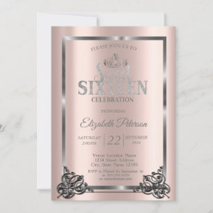 Silberner Rahmen, Rand, Tiara Roségold Sweet 16 Einladung