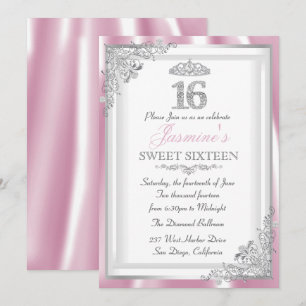 Silberner Rosa Diamant Damast & Tiara Sweet 16 Ein Einladung