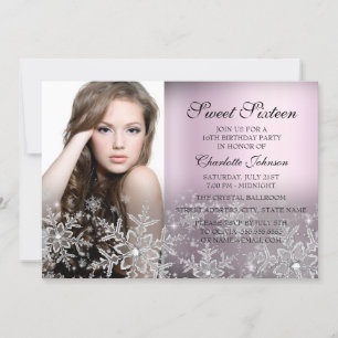 Silberner Rosa Glitzer-Schneeflocken-Foto Sweet 16 Einladung
