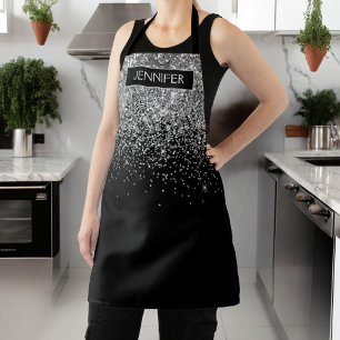 Silberner schwarzer Glitter-Mädchen-Monogramm-Name Schürze