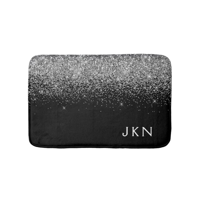 Silberner schwarzer Glitter-Monogramm-girly Name A Badematte (Vorderseite)