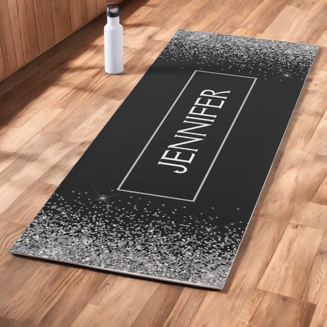 Silberner schwarzer Glitter-Sparkle-Monogramm-Name Yogamatte (Von Creator hochgeladen)