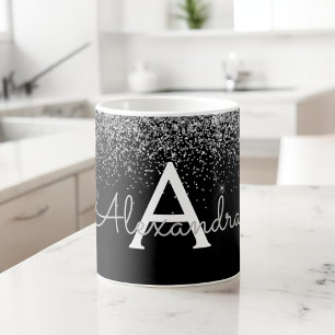Silberner schwarzer Luxus-Glitter-Monogramm-Name Kaffeetasse