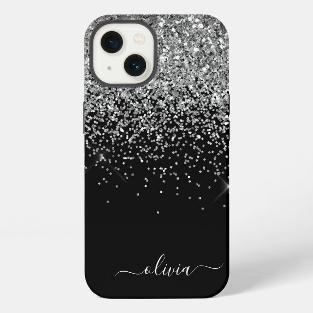 Silberner schwarzer Mädchen Glitter Funkeln Monogr iPhone Hülle (Rückseite)