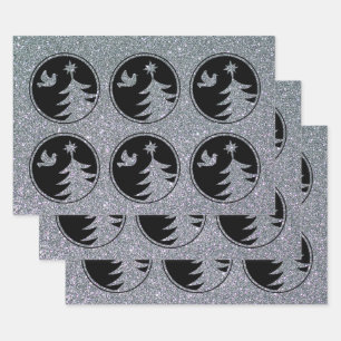 Silberner Schwarztauben-Weihnachtsbaum  Geschenkpapier Set
