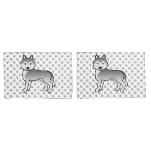Silberner Siberian Husky Cartoon-Hund und Pfoten Kissenbezug