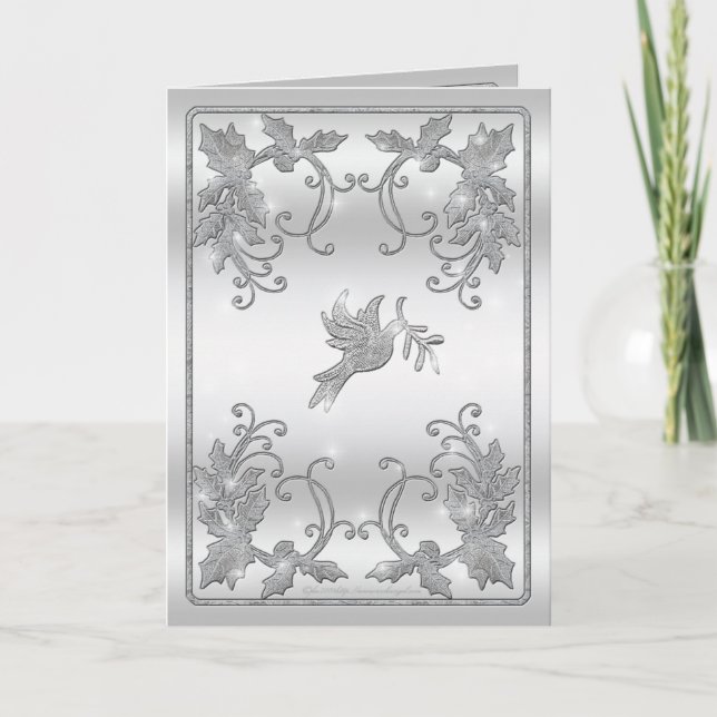 Silberner Stechpalmen-und Tauben-Gruß Feiertagskarte (Vorderseite)