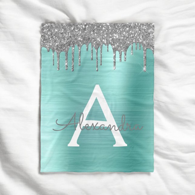 Silberner Teal Glitter gebürstetes Metall Monogram Fleecedecke (Von Creator hochgeladen)