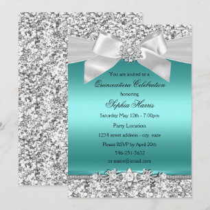 Silberner Teal Glitter & Juwel-Bogen Quinceanera Einladung