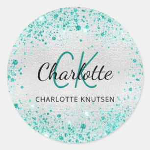 Silberner Teal Glitterstaub grünes Monogramm Name Runder Aufkleber