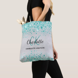 Silberner Teal-Grün-Glitter-Monogramm-Name glamour