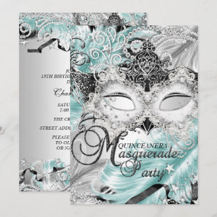 Silberner Teal-Sparkling-Maske-Masquerade-Quincean Einladung
