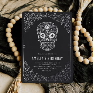 Silberner Totenkopf Dia de los Muertos Geburtstags Folieneinladung