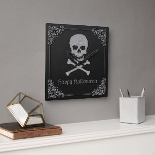 Silberner Totenkopf und gekreuzte Knochen Hallowee Quadratische Wanduhr