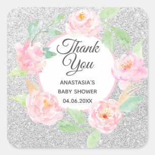 Silberner und rosa floraler Kranz Danke Baby Showe Quadratischer Aufkleber