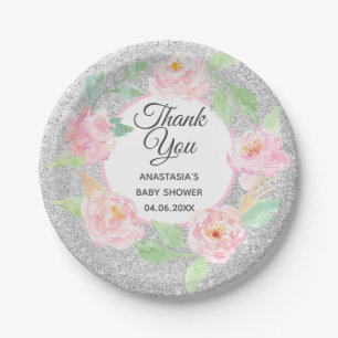 Silberner und rosa floraler Kranz Dankeschön Baby Pappteller