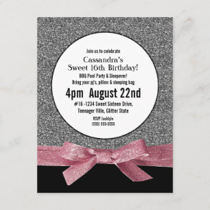 Silberner und rosa Imitat-Glitzer-Girly Party Einladung