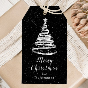 Silberner und schwarzer Bandbaum Frohe Weihnachten Geschenkanhänger