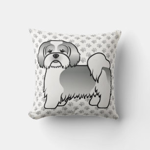 Silberner und weißer Lhasa-Apso-Cartoon-Hund und P Kissen