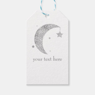 Silberner und weißer Mond und Sterne Baby Shower H Geschenkanhänger