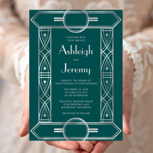 Silberner Vintage Deco Rahmen Türkise Hochzeit Einladung