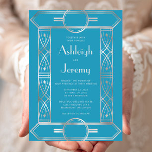 Silberner Vintage Deco Rahmen Türkise Hochzeit Einladung