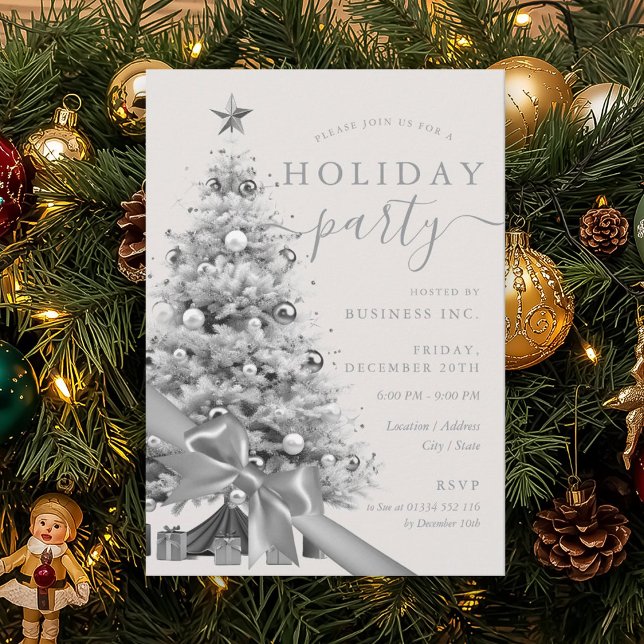 Silberner Weihnachtsbaum-Bogen Firmen-Weihnachtsfe Einladung (Silver Christmas Tree Bow Corporate Holiday Party Invitation)