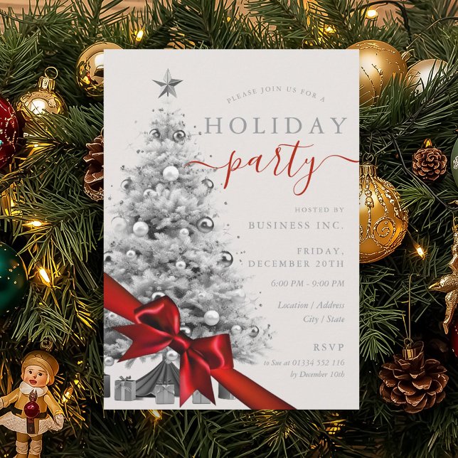 Silberner Weihnachtsbaum roter Bogen Firmenfeierta Einladung (Silver Christmas Tree Red Bow Corporate Holiday Invitation)