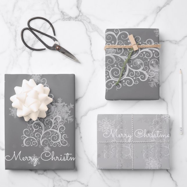 Silberner Weihnachtsbaum und Schneeflocken Geschenkpapier Set (Vorderseite)