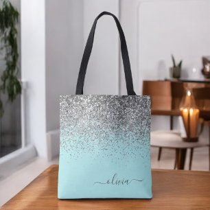 Silbernes Aqua Türkis Blau Mädchen Glitter Monogra