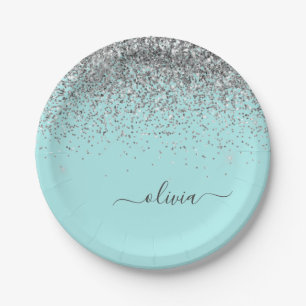 Silbernes Aqua Türkis Blau Mädchen Glitter Monogra Pappteller