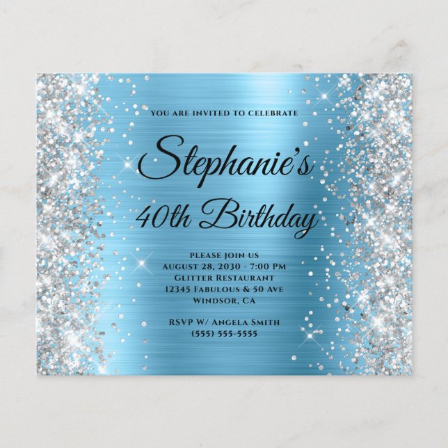 Silbernes Baby-Blau Glam-Monogramm 40. Geburtstag Flyer (Vorne)
