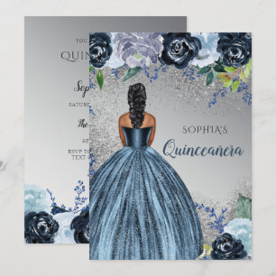 Silbernes blaues Glitterkleid Quinceañera Quince   Einladung