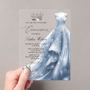 Silbernes blaues Kleid Prinzessin Quinceañera Acryleinladungen