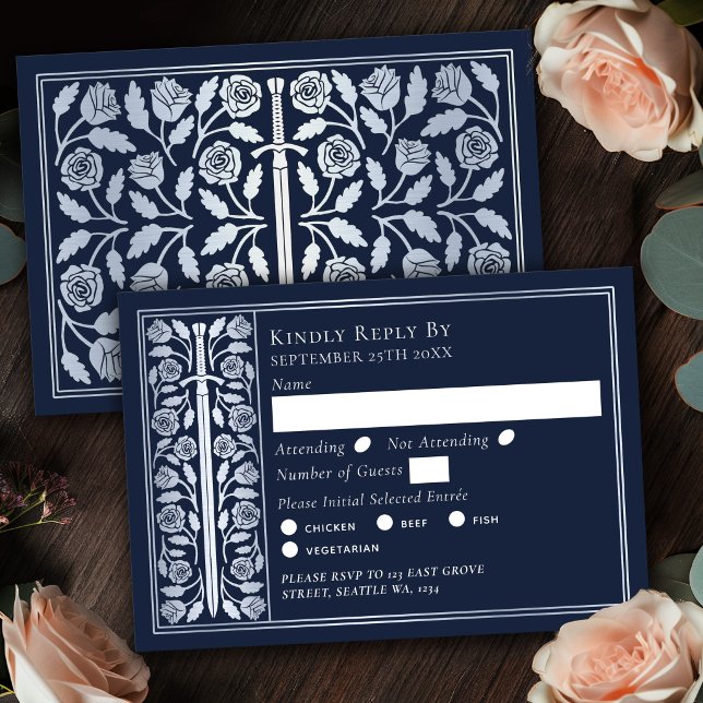 Silbernes blaues mittelalterliches Schwert Hochzei RSVP Karte (Von Creator hochgeladen)