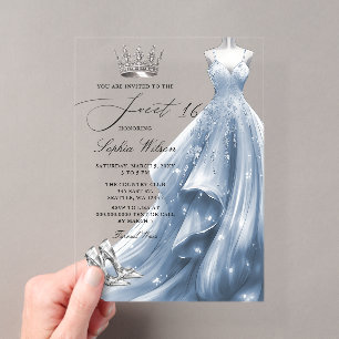 Silbernes blaues Prinzessinnenkleid Sweet 16 Acryleinladungen