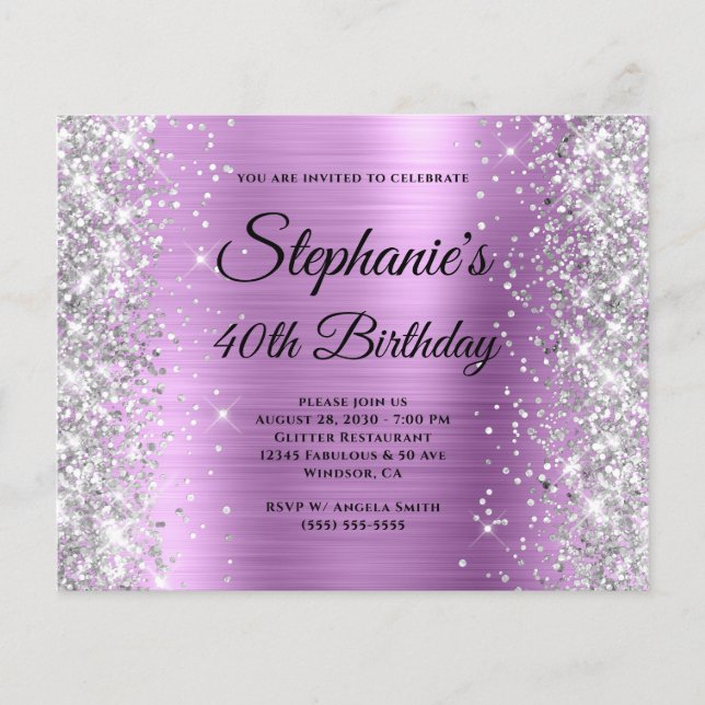 Silbernes Blumenlavendel-Glamour-Monogramm 40. Geb Flyer (Vorne)