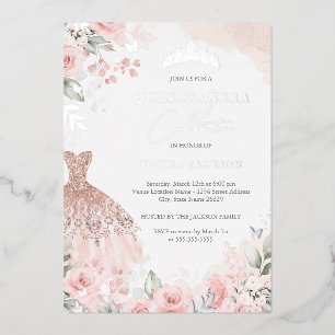 Silbernes Blush-Rosa Kleid Floral Quinceanera  Folieneinladung