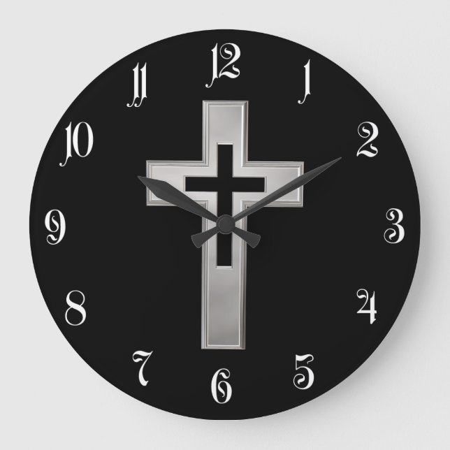 Silbernes christliches Kreuz Große Wanduhr (Vorderseite)