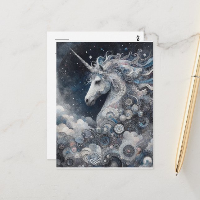 Silbernes Einhorn Collage Postkarte (Vorderseite/Rückseite Beispiel)