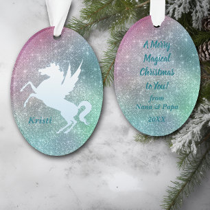 Silbernes Einhorn im Urlaub Glanz Personalisiert Ornament