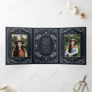 Silbernes Elegantes Tarot-Foto-Abschlussfeier Dreifach Gefaltete Einladung